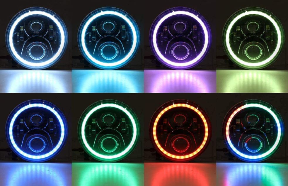 RGB Headlight White Beam with 7 Colors Ring for Jeep Wrangler JK 2007-2017