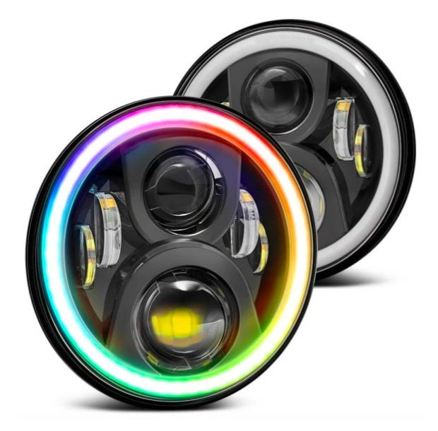 RGB Headlight White Beam with 7 Colors Ring for Jeep Wrangler JK 2007-2017