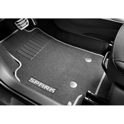 First- and Second-Row Premium Carpeted Floor Mats in Jet Black with Titanium Stitching and Spark Script CHEVROLET 2016-2022