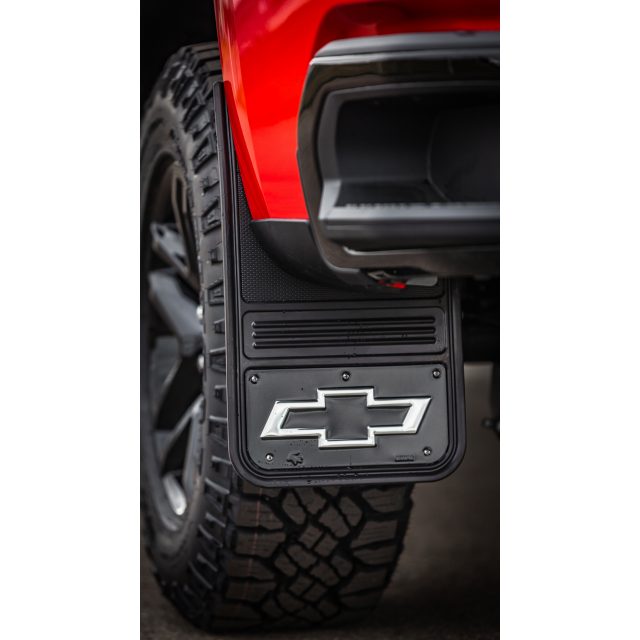 Front and Rear Rubber No-Drill Gatorback Mud Flap Kit with Silver Outlined Chevrolet Bowtie Logo and Fender Plugs in Black by Truck Hardware - Associated Accessories