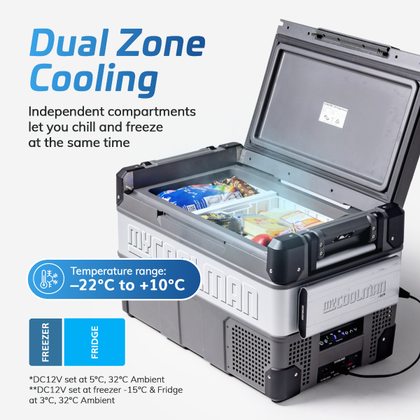 MY COOLMAN Professional Series, 53L, "The Explorer", Dual Zone Fridge Freezer With Power Pack & Pouch Bundle